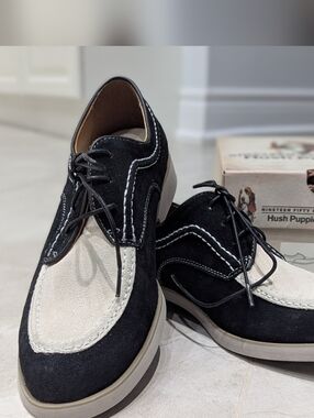 Hush Puppies Ladies Keepsake Oxfords 7.5 Black White Suede Leather Shoes NIB
